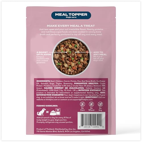 JINX BEEF & CHICKEN WET DOG FOOD POUCHES, MEAL OR DOG FOOD TOPPER MIX-IN, MADE WITH REAL BEEF & CHICKEN, BONE BROTH, NO FILLERS – PUPPY, ADULT, SENIOR, 3OZ, 8 PACK