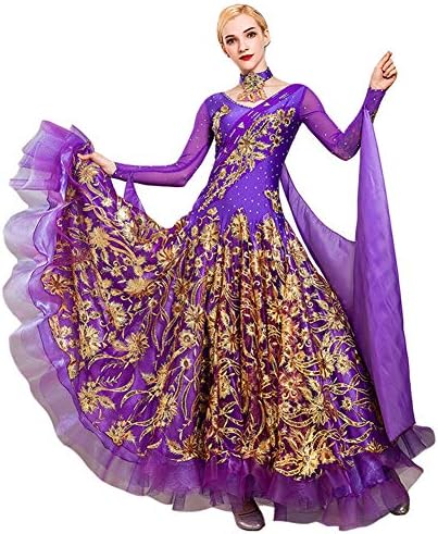 Biaoyiten 社交ダンス モダンドレス ダンスワンピース 未使用品 大きい裾 キラキラ ビジュー ラテンドレス 競技用ドレス レッスンウェア ワルツ ダンスウェア 発表会ドレス タンゴ服 ステージ衣装 ダンス衣装 演出用 練習着 競技着