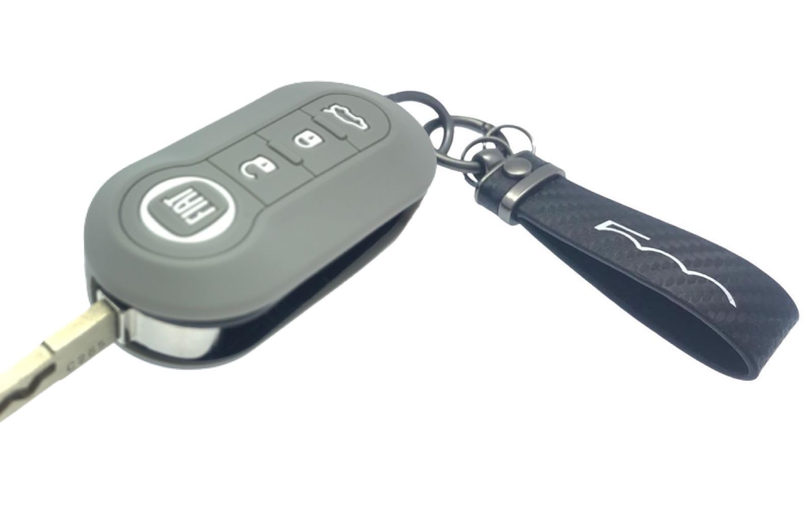Nordecco - Silicone Key Cover With Key Ring Fits For Fiat 500 500L LOUNGE ABARTH GRANDE PUNTO BRAVA PANDA STILO LINEA (Grey Case - Black Key Ring)