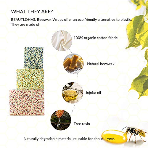 Beeswax Wrap, BEAUTLOHAS. Reusable Food Wrap - PataBee Reduce Plastic to Zero Waste - Organic, Sustainable, Eco-Friendly and Biodegradable Storage Wraps (1 Large, 2 Medium, 1 Small)