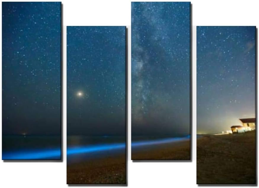 Wocatton Long Exposure Shot of Glowing Plankton on sea surf and Milky Way Blue Wall Art Background Decor Pictures Print On Canvas Art Stretched and Framed Perfect Home Decoration