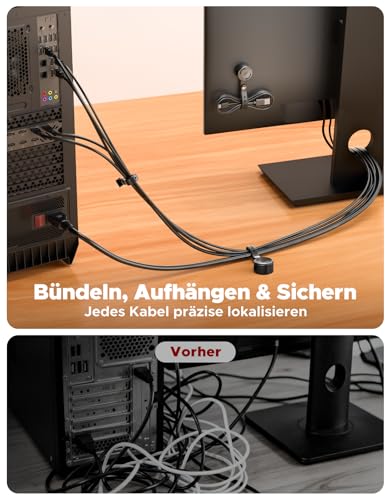 8 Stück Kabelhalter Selbstklebend mit Silikon Kabelbinder [2-in-1], Magnetische Kabel Organizer Clips [Glatt Verstellbar & 1-Sek-Verschluss], Stark Haftender Cable Management für Schreibtisch