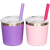 Colorful PoPo Cute Stainless Steel kids Cup with Lids, Silicone Straw Cup for Toddlers, Mini Insulated Stackable Tumblers for Smoothie Milk, Set of 2 (Pink Purple, 8 OZ)