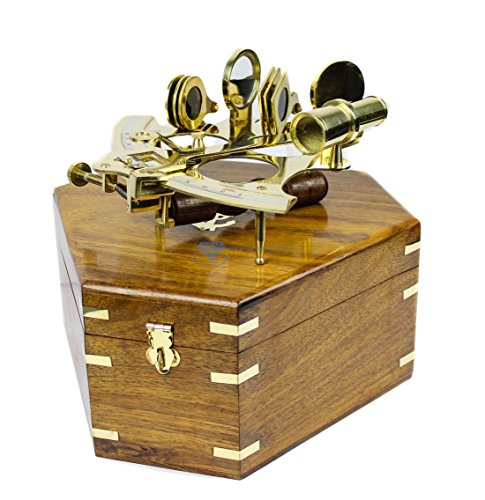 Nagina International Antique Nautical Premium Brass Polished 8" Sextant with Decorative Hand Crafted Wooden Box | Brass Inlaid Decor | Vintage Reprouction