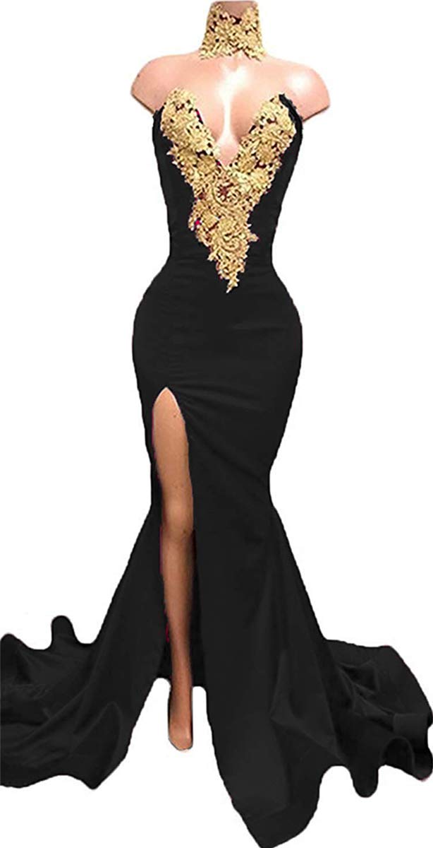 black dress with gold applique