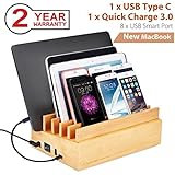 10 Port 100W Bamboo Charging Docking Station for Multiple Device, Quick Charge 3.0 &amp; Type C Wood Charger Organizer for Electronics, iPhone Macbook iPad Samsung- Avantree 619 [24M Warranty]