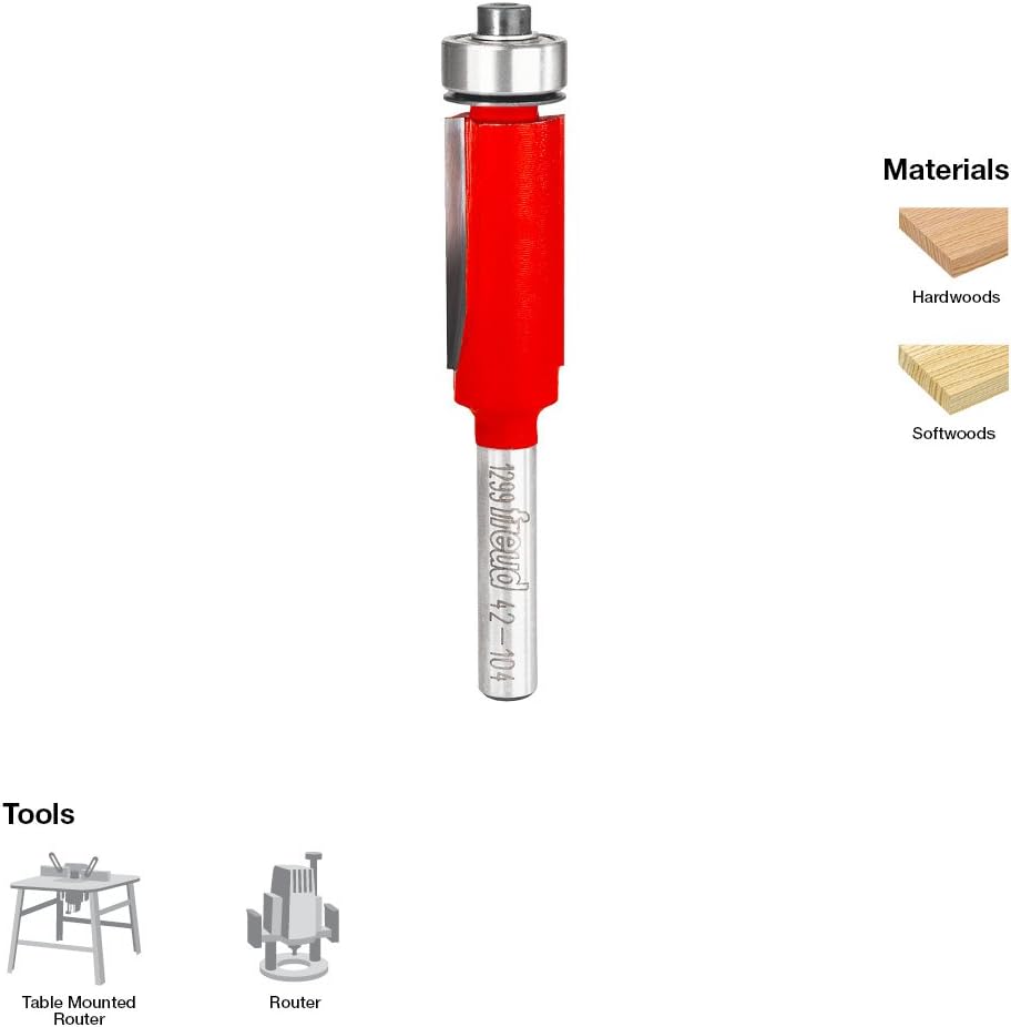 Freud 1/2" (Dia.) Bearing Flush Trim Bit with 1/4" Shank (42-104) - Bearing Flush Trim Router Bits - 
