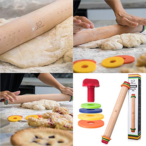 K BASIX Beech Wood Adjustable Rolling Pin with Multicolored Removable Rings Classic for Baking Dough Pizza Pie and Cookies