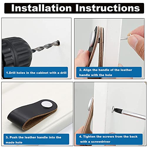 Leather Drawer Pulls, Leather Cabinet Pulls Black, Leather Knobs Handles for Dresser Drawers, Pack of 6