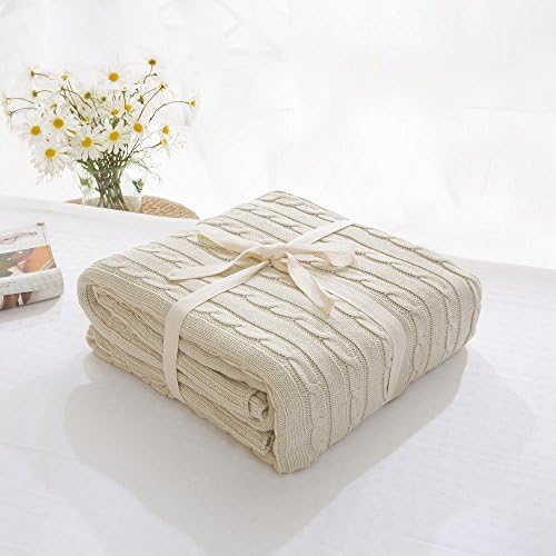 Knit Throw Blanket, 100% Cotton Cable Cover Super Soft Warm Multi Color for Bedroom Sofa/Bed/Couch/Car/Office (43 x 71 Inches, Beige)