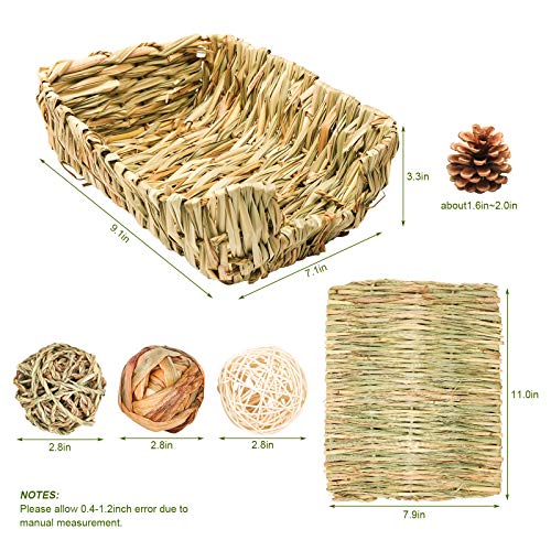Portable Grass Bed with Grass Balls, Natural Straw Woven Grass Bed Sleeping Pad Bunny Chew Toys Hay Mat for Rabbit Hamster Gerbil Chinchilla Guinea Pig Mice Other Small Animals (Set 1)