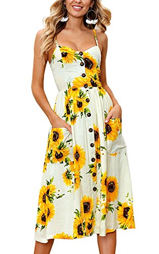Poptem Womens Midi Dress V-Neck Floral Spaghetti Strap Summer Beach Sundresses