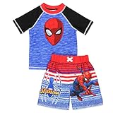 Spider-Man Boys Swim Trunks and Rash Guard Set (3T, Blue/Red)