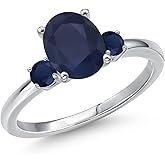 Gem Stone King 2.50 Cttw 14K White Gold Blue Sapphire 3-Stone Engagement Ring For Women | Oval 9X7MM and Round 3MM | Gemstone Birthstone | 3 Stone Wedding Engagement Anniversary Ring