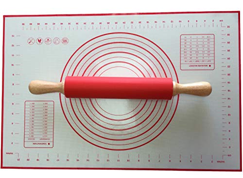 Pastry Mat 24" x 16" with Silicone Rolling Pin 16.9" - Large Non-stick Non-slip Pastry Baking Mat Dough Mat- Perfect Bakeware for Cookies Bread Fondant Pie Crust Making