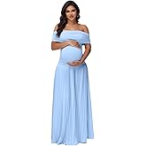 JustVH Women's Maternity Off Shoulder Baby Shower Dress Party Paneled Ruched Hem Maxi Photography Gown for Photoshoot