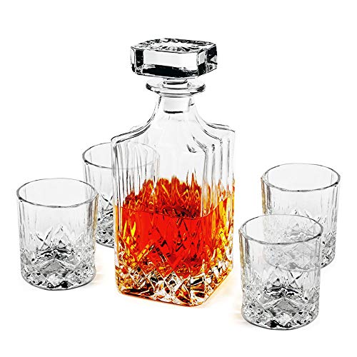 5 Piece Decanter Set - Heavy Based Old Fashioned Irish Cut Glassware for Whiskey, Scotch, Juice - Ideal for Dinner, Parties, and Special Events