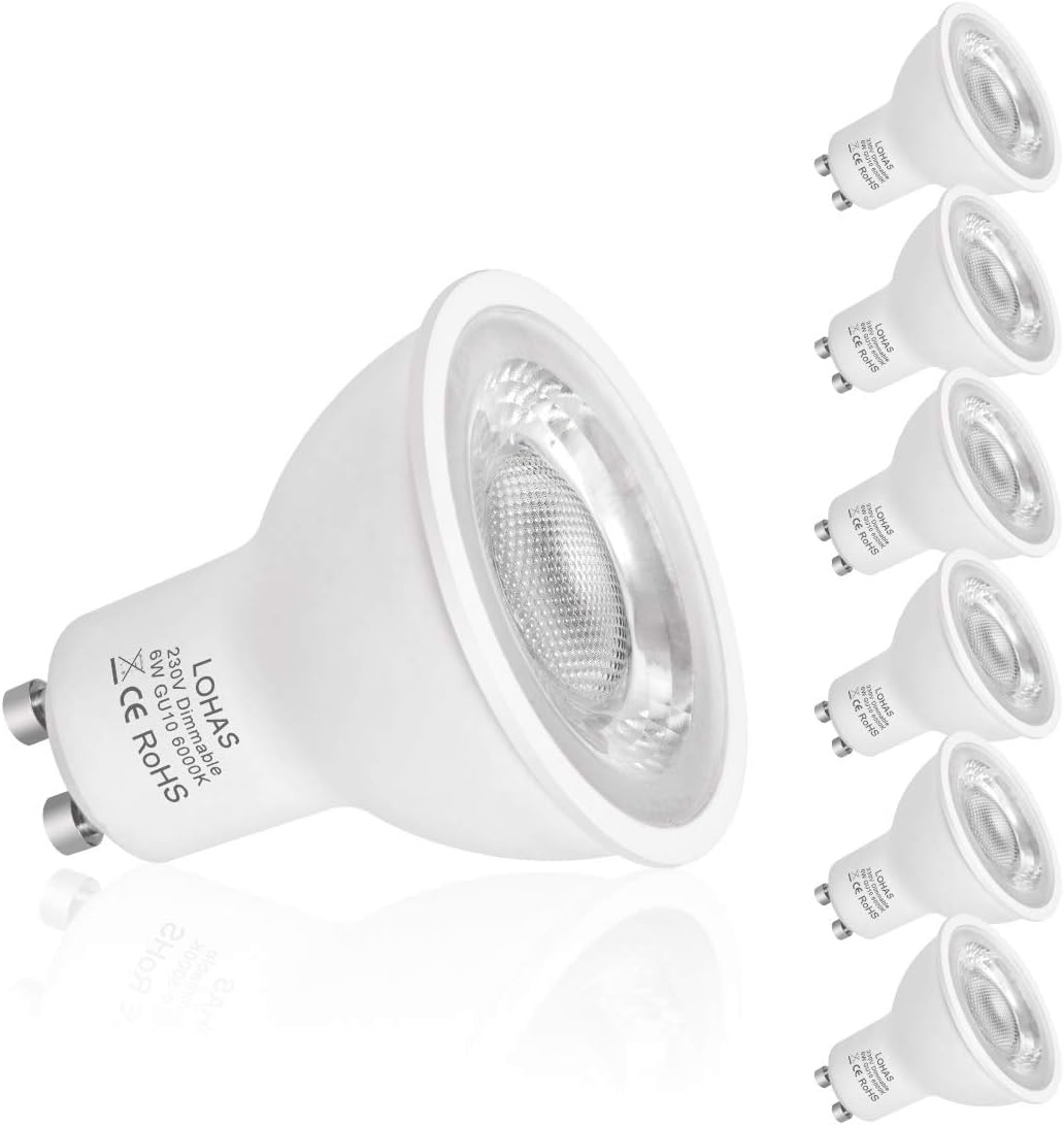 LOHAS GU10 Dimmable 6W Led Light Bulbs 6000K Day White, 50W Halogen