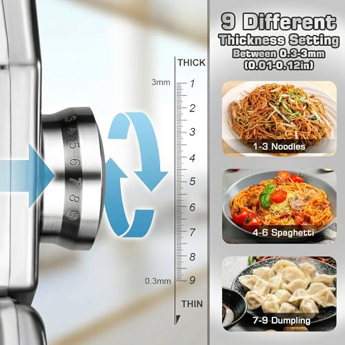 Sailnovo 3 in 1 Pasta Maker Machine - 9 Adjustable Thickness Settings Aluminum Alloy Pasta Roller & 2 Width Cutters for Fresh Spaghetti, Fettuccini, Lasagna, Dumplings - Stainless Steel, Silver