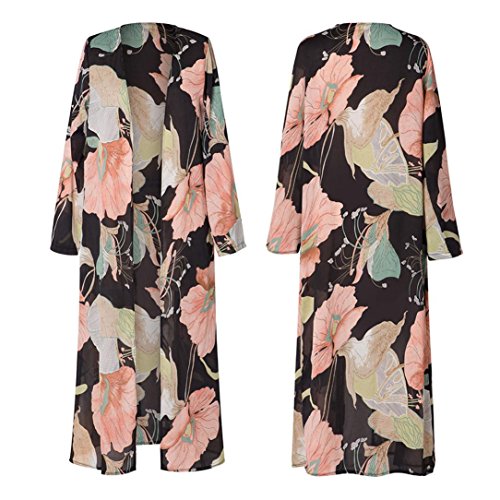 Women's Light Floral Print Chiffon Kimono Cardigan Coverup Blouse Tops (M, Black)