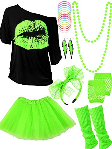 Women's 80s Costume Accessories Set, Lips Print T-Shirt Adult Tutu Skirt Lace Headband Neon Earrings Necklace Leg Warmers Fishnet Gloves Bracelet (Fluorescent Green, L) — image 1