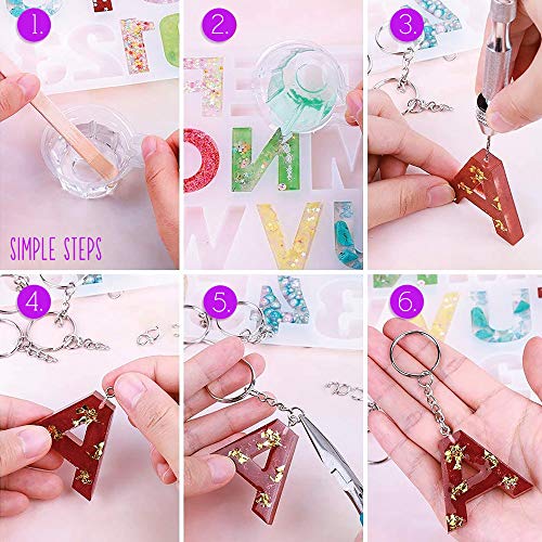 LotFancy Alphabet Molds for Resin Casting, 73pcs Keychain Epoxy Molds and Tools Set, Backwards Letter Number Silicone Mold, DIY Craft Pendant Making, with Glitter Sequins, Screw Eye Pins, Key Rings
