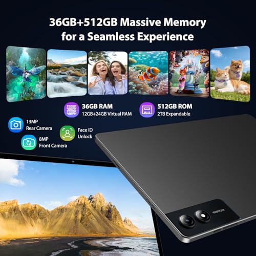 RUSHAR 3K Tablet 13 Inch Android 16 with 36GB RAM+512GB ROM (TF 2TB), 4G LTE & 5G WiFi,11580mAh/Octa Core/Gemini AI/13MP+8MP/18W/90Hz/GPS/Widevine L1/BT 5.0, Tablet with Keyboard, Grey
