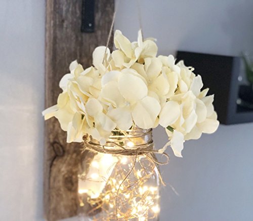 sexyrobot Wall Decor Hanging Hydrangea Mason Jar Sconces with Iron Hooks, Rustic Wooden Board, Silk Hydrangea Flower, LED Strip Lights with Batteries Included Home Decor, 2 PCS - Thumbnail 2