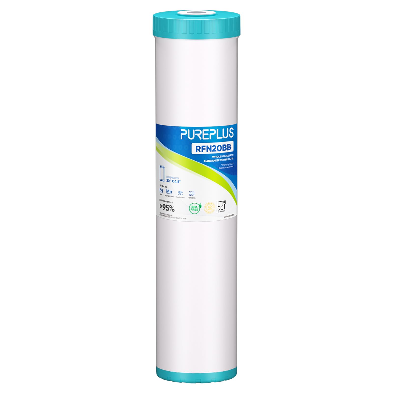 Photo 1 of PUREPLUS 5 Micron 20" x 4.5" RFN20BB Whole House Iron & Manganese Reduce Water Filter Replacement Cartridge, Replacement for FM25B, RFFE20-BB, CFRFFE-20BB, 1 Pack