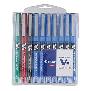 Pilot V5 Roller Fine Ball Pen Pack of 10 (7 Blue, 1 Black, 1 Red, 1 Green)