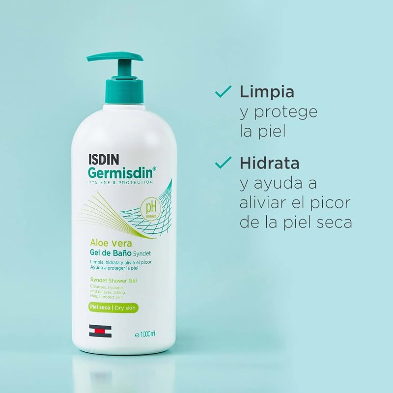 Isdin germisdin aloe vera higiene corporal uso diário syndet gel de banho com aloe vera recomendado para pele seca ou com coceira, 1 l (pack de 2)