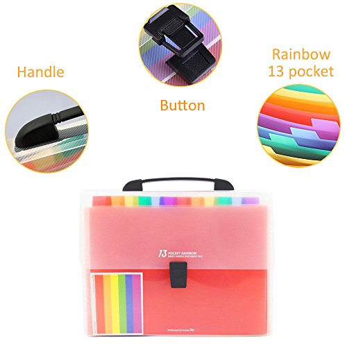 Accordion Folder File Organizer 13 Pockets Expanding A4/Size Letter Paper Multi-Colour Large Capacity Portable Box Document Stand Bag -Bonus Labels for Office, Business, Study