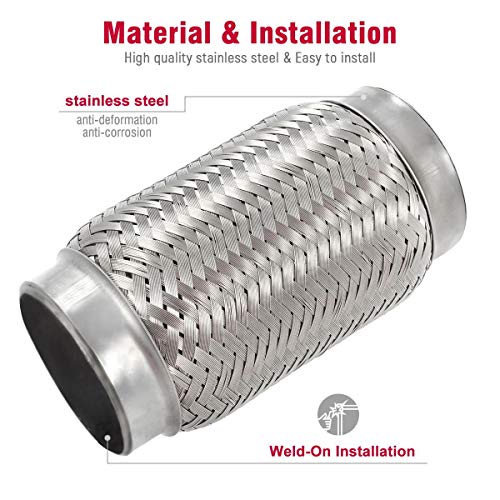 Upower 2.5 Inch Diameter Exhaust Flex Extension Pipe Connector Tube, 6"OAL Heavy Duty Stainless Steel 25006D Couplings