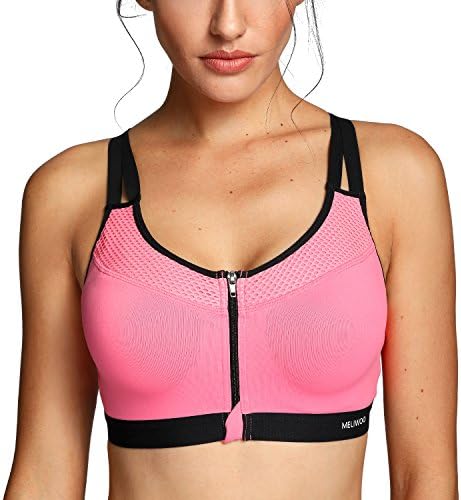 Meliwoo Women's Double Layer Underwire Padded Zip Front Close Gym Sports Bra Hot Pink 32E