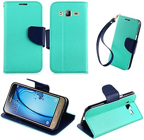 2-Tone Wallet Cover Case for {Cricket} Samsung Galaxy Amp Prime SM-J320A / SM-J320AZ (TEAL &amp; BLUE)