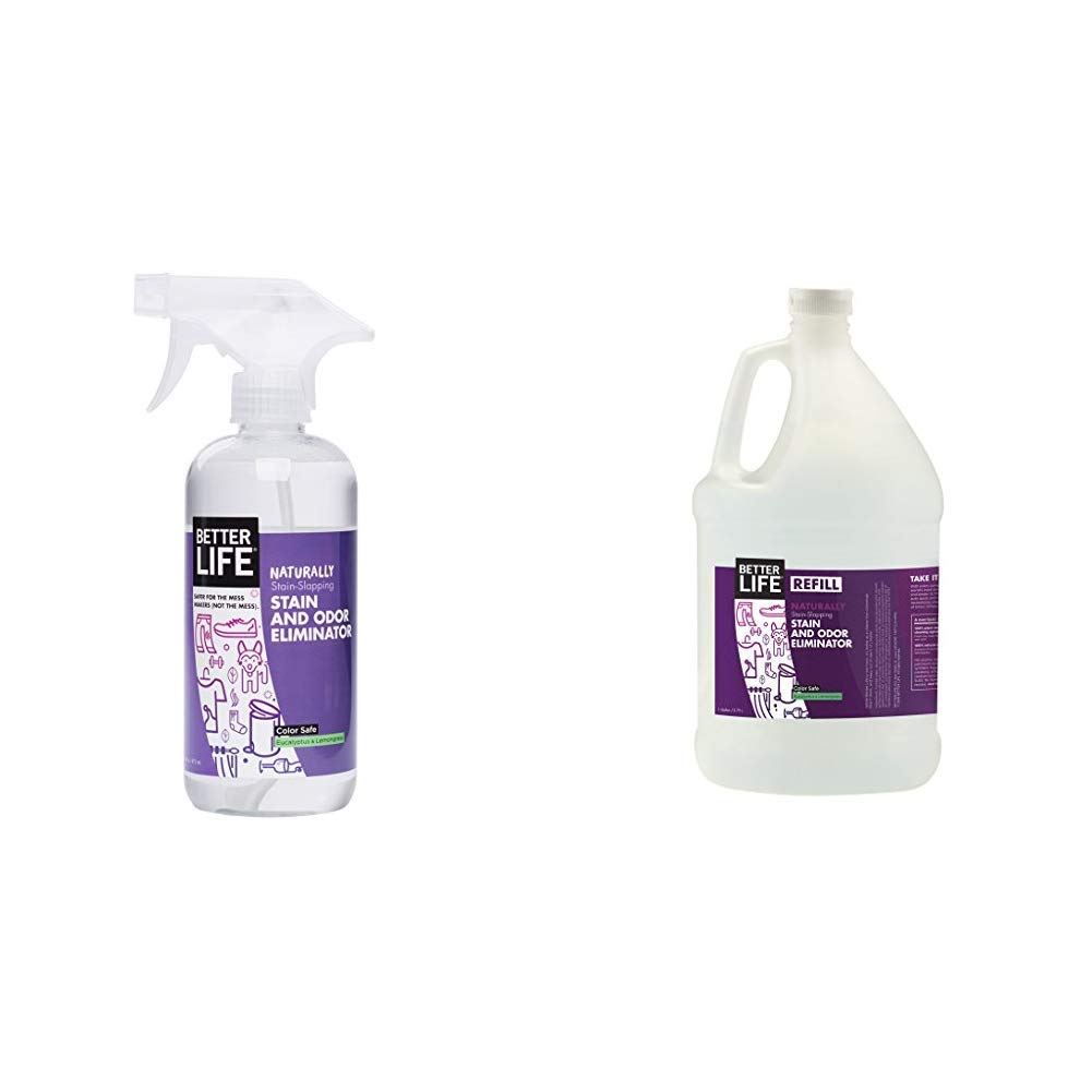 Better Life Natural Plant Based Stain & Odor Eliminators and Stain & Odor Eliminator, Eucalyptus & Lemongrass, 16oz Bottle + 1gal Refill (8 Bottles)