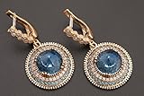 Turkish Handmade Jewelry Round Shape London Blue and Round Cut Topaz 925 Sterling Silver Dangle/Drop Earrings