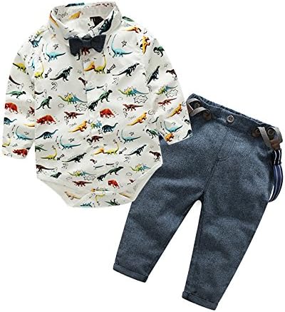 Top and Top Baby Boys Dinosaur Shirt Bowtie Clothes Suspender Clothing Set Denim Jeans (70/0-6 Months)