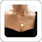 Andelaisi Boho Layered Disc Coin Necklace Choker Gold Pearl Choker Necklace Vintage Station Pearl Chain Necklace Multilayer Coin Pendant Necklace Jewelry for Women
