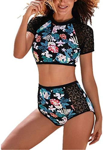 Womens Two Piece Tankini Swimsuits High Waisted Lace Bottom Floral Bikini Top Bathing Suits