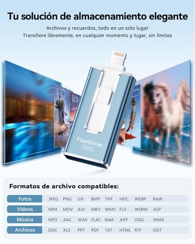 USB Flash Drive 256GB for iPhone, iPhone External Memory Stick with MFi Certification, USB 3.0 Flash Drive for Photos and Videos, 3-in-1 for Phone/iPad/Android/PC, USB 3.0 Memory Stick for Photos and Videos, Blue