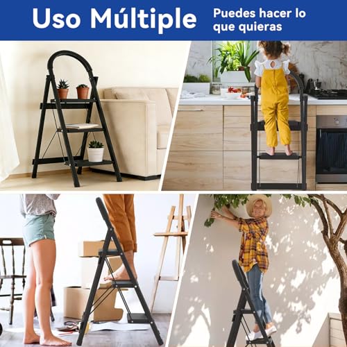 MOONPAI Escalera Plegable para Casa,Escalera de Tijera,Diseño de Cierre de Seguridad,Escalera Plegable de Peldaños,Patas y Pasamanos Antideslizantes,para Interior Y Exterior(Escalera 3 Peldaños)