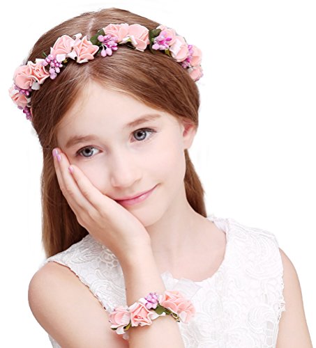 Bienvenu girl flower crown with floral wrist band for wedding fes…
