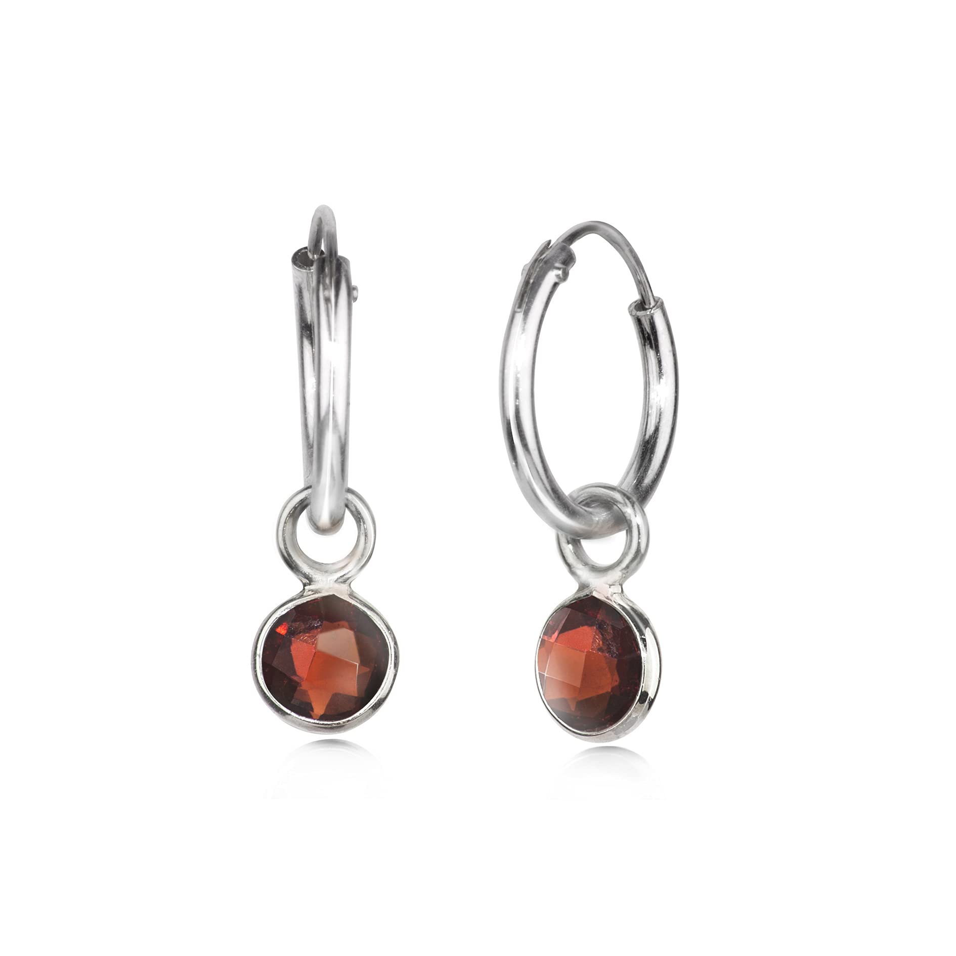 Hoop Earrings with Garnet Charm in Sterling Silver