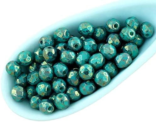 100pcs Opaque Turquoise Green Terracotta Bronze Round Faceted Fire Polished Spacer Czech Glass Beads 4mm