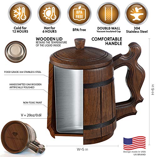 Wooden Beer Mug Dnd Stein Premium Groomsmen Gifts Pirate Viking Cup Men Fantasy Medieval Tavern Wood Tankard Oak Lid 20 Oz Stainless Steel Mugs Lord Rings Dungeons Dragons World Warcraft Game Thrones