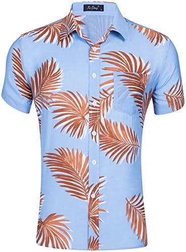 XI PENG Men's Tropical Short Sleeve Floral Print Beach Aloha Hawaiian Shirt (Blue Palm Leaf, Large)