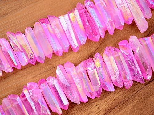 FHNP367 - Red Rock Quartz Clear Crystal Quartz Stick Point Beads Top Drilled Pink Titanium Coated 15 inch Strand