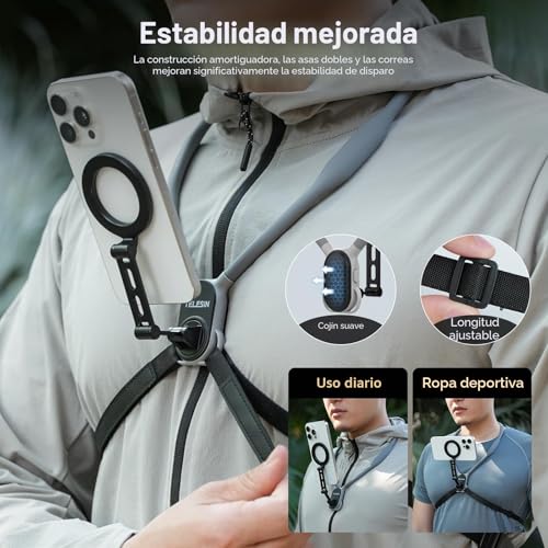 TELESIN MAX Expanded Magnetic Neck Holder for Phones, POV/Vlog Phone Neck Holder, Magnetic Neck Holder with Anti-Shock Chest Strap for iPhone Android (Grey)