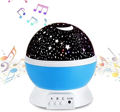 SinoPro Projection LED Night Light Lamp with Speaker 4 Modes Multicolored Star Moon Sky Ceiling Projector Lamp, Musica Lamp for baby with USB Rechargeable Rotating Light Bedroom Sleepy Light (Blue)